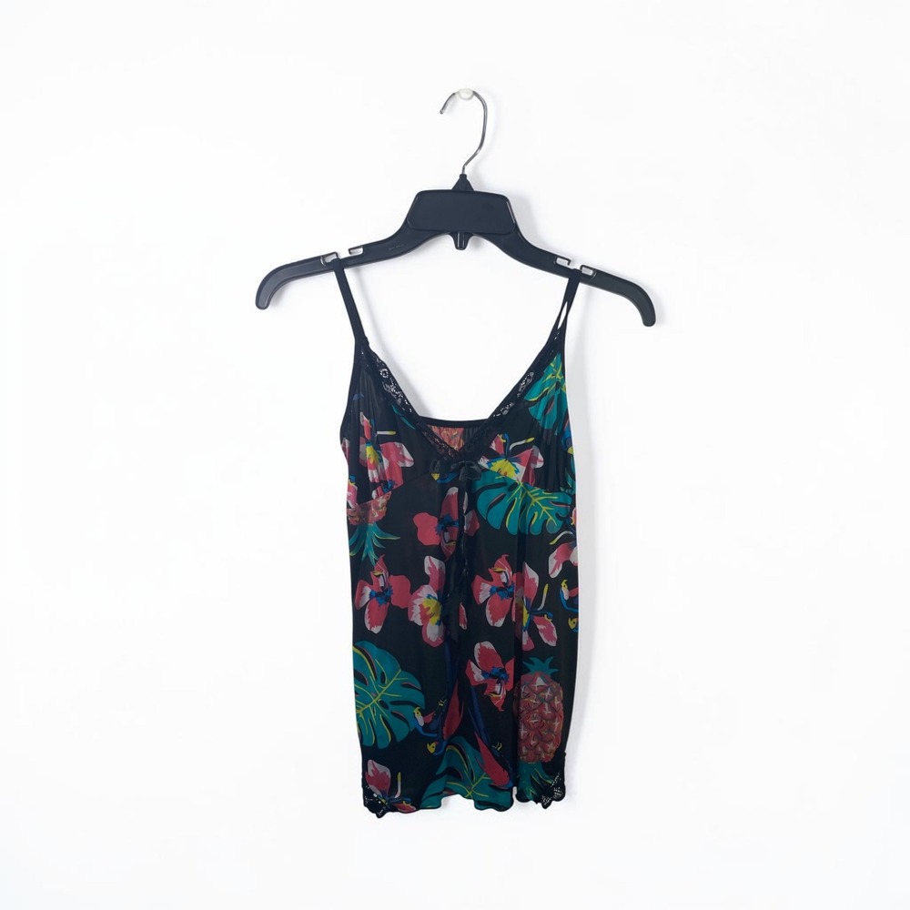 Tropical Floral Parrot Pineapple Lace Trim Camisole Tank Top Black Size F